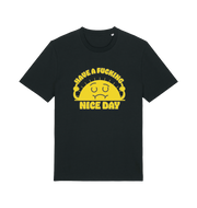 black funny t-shirt with the graphic of a sunshine and the slogan 'have a nice fucking day'