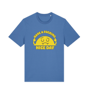 blue funny t-shirt with the graphic of a sunshine and the slogan 'have a nice fucking day'