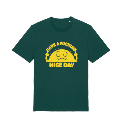 green funny t-shirt with the graphic of a sunshine and the slogan 'have a nice fucking day'