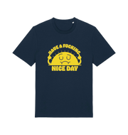navy funny t-shirt with the graphic of a sunshine and the slogan 'have a nice fucking day'