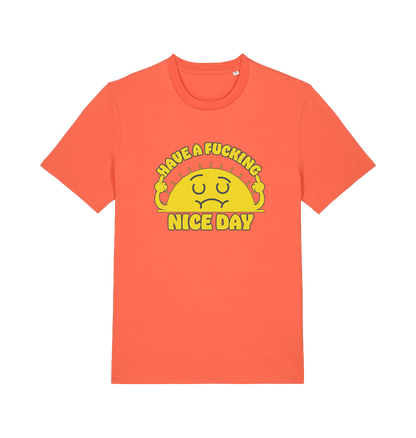 orange funny t-shirt with the graphic of a sunshine and the slogan 'have a nice fucking day'