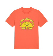 orange funny t-shirt with the graphic of a sunshine and the slogan 'have a nice fucking day'