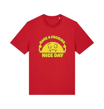 red funny t-shirt with the graphic of a sunshine and the slogan 'have a nice fucking day'