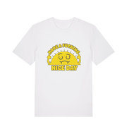 white funny t-shirt with the graphic of a sunshine and the slogan 'have a nice fucking day'