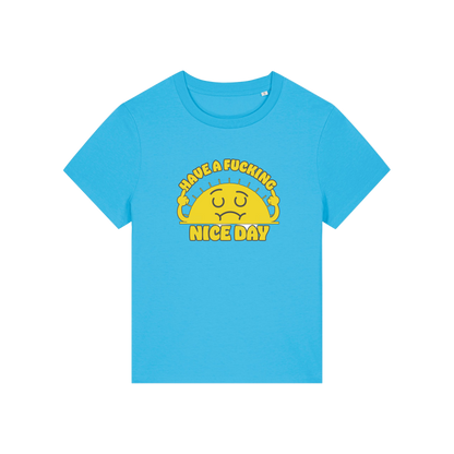 blue funny offensive t-shirt with a sunshine and the slogan 'have a fucking nice day'