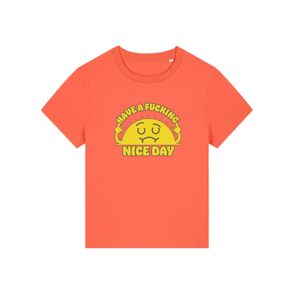 orange funny offensive t-shirt with a sunshine and the slogan 'have a fucking nice day'