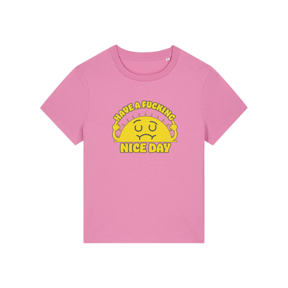 pink funny offensive t-shirt with a sunshine and the slogan 'have a fucking nice day'