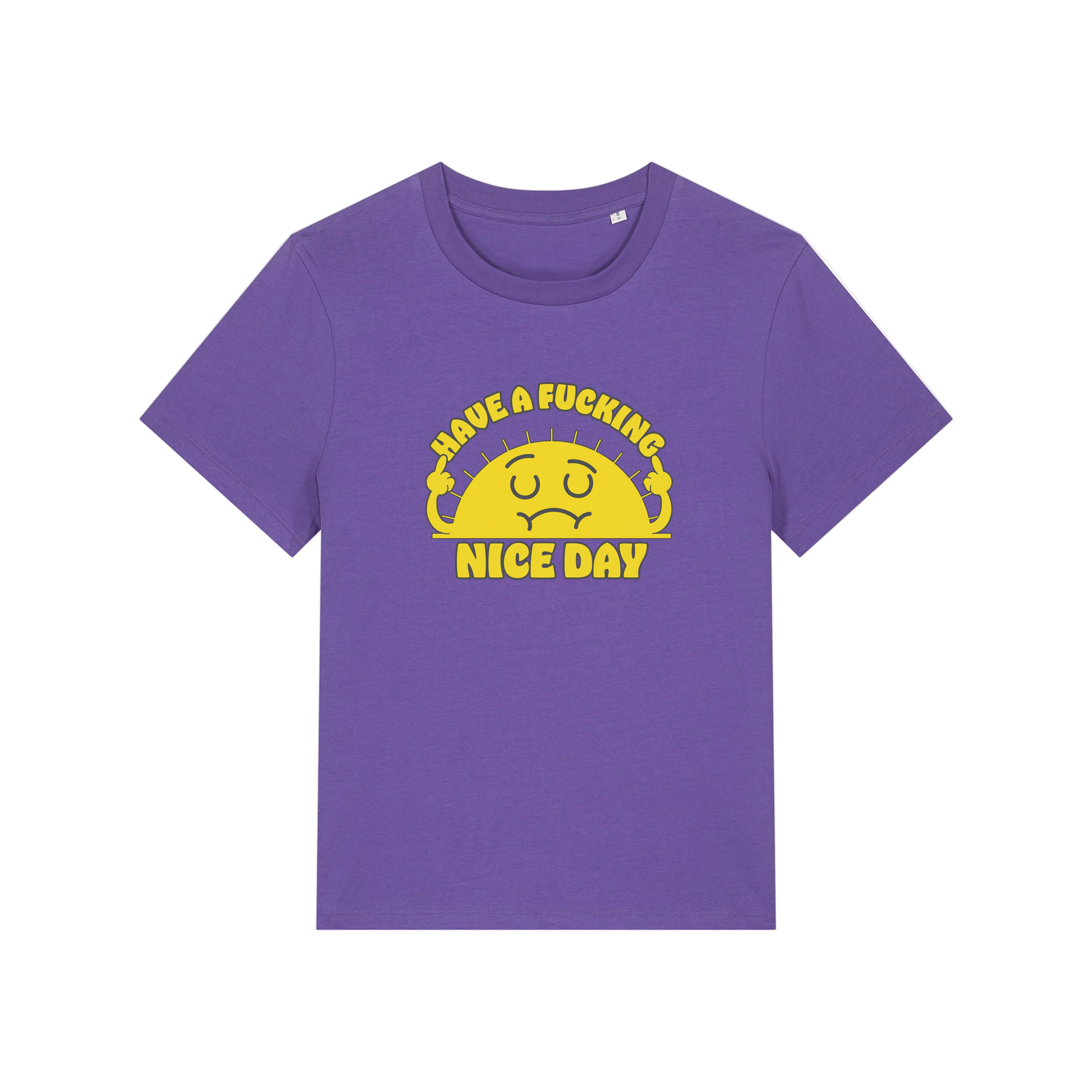 purple funny offensive t-shirt with a sunshine and the slogan 'have a fucking nice day'