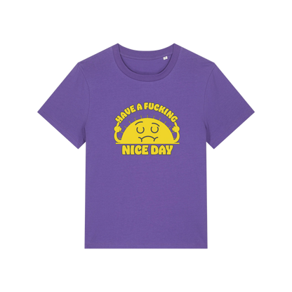 purple funny offensive t-shirt with a sunshine and the slogan 'have a fucking nice day'