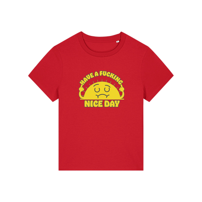 red funny offensive t-shirt with a sunshine and the slogan 'have a fucking nice day'