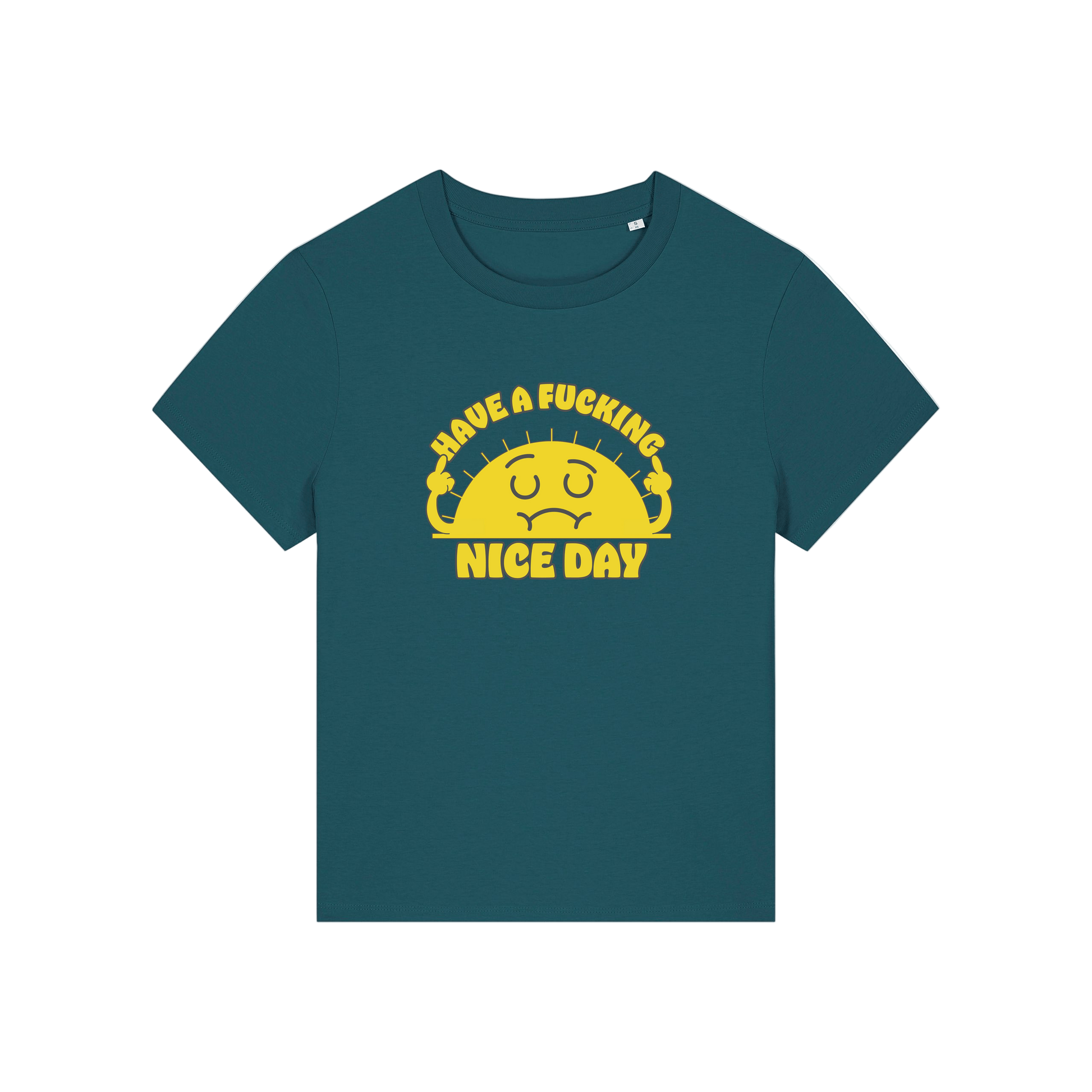 teal funny offensive t-shirt with a sunshine and the slogan 'have a fucking nice day'