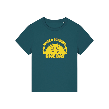 teal funny offensive t-shirt with a sunshine and the slogan 'have a fucking nice day'
