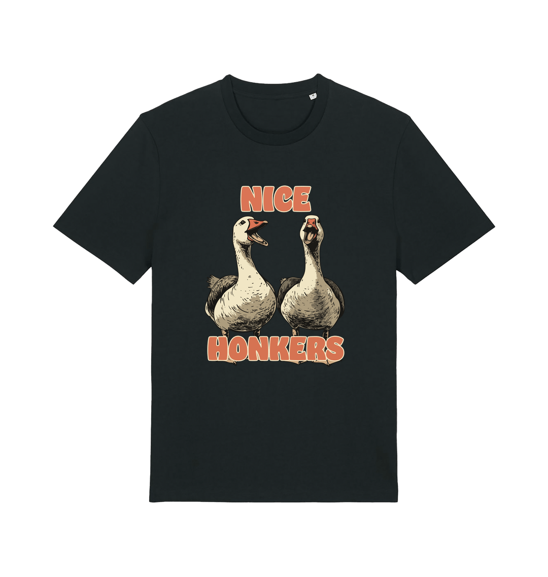 black matching t-shirt with the graphic of two geese and the slogan 'nice honkers'