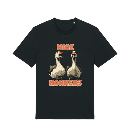 black matching t-shirt with the graphic of two geese and the slogan 'nice honkers'