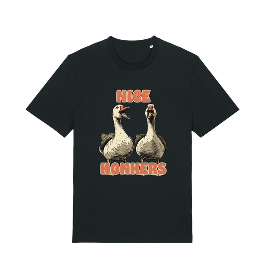 black matching t-shirt with the graphic of two geese and the slogan 'nice honkers'