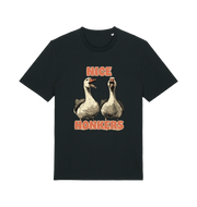 black matching t-shirt with the graphic of two geese and the slogan 'nice honkers'