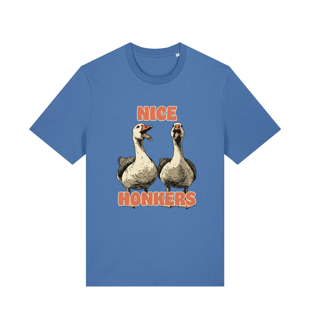 blue matching t-shirt with the graphic of two geese and the slogan 'nice honkers'