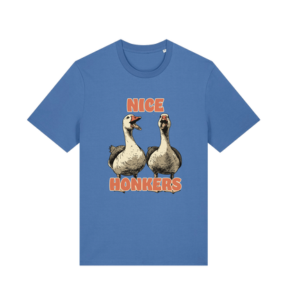 blue matching t-shirt with the graphic of two geese and the slogan 'nice honkers'