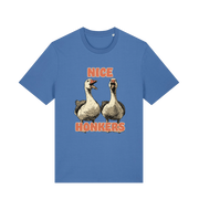 blue matching t-shirt with the graphic of two geese and the slogan 'nice honkers'