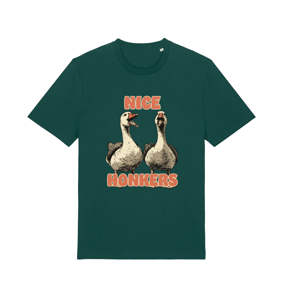 green matching t-shirt with the graphic of two geese and the slogan 'nice honkers'