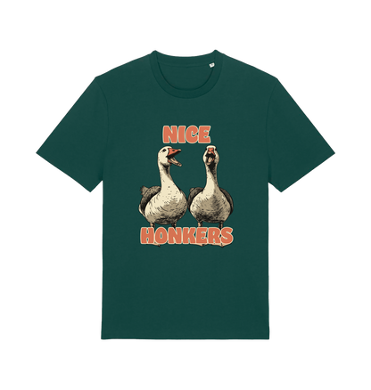 green matching t-shirt with the graphic of two geese and the slogan 'nice honkers'