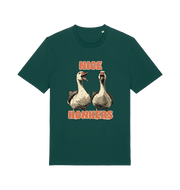 green matching t-shirt with the graphic of two geese and the slogan 'nice honkers'