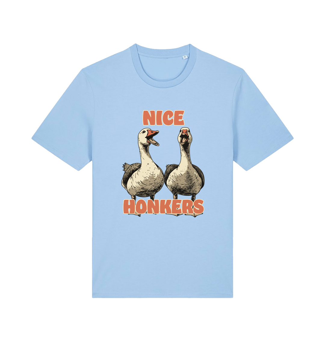 light blue matching t-shirt with the graphic of two geese and the slogan 'nice honkers'