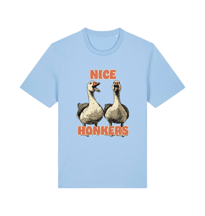 light blue matching t-shirt with the graphic of two geese and the slogan 'nice honkers'