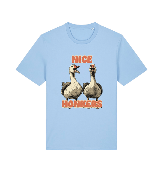 light blue matching t-shirt with the graphic of two geese and the slogan 'nice honkers'