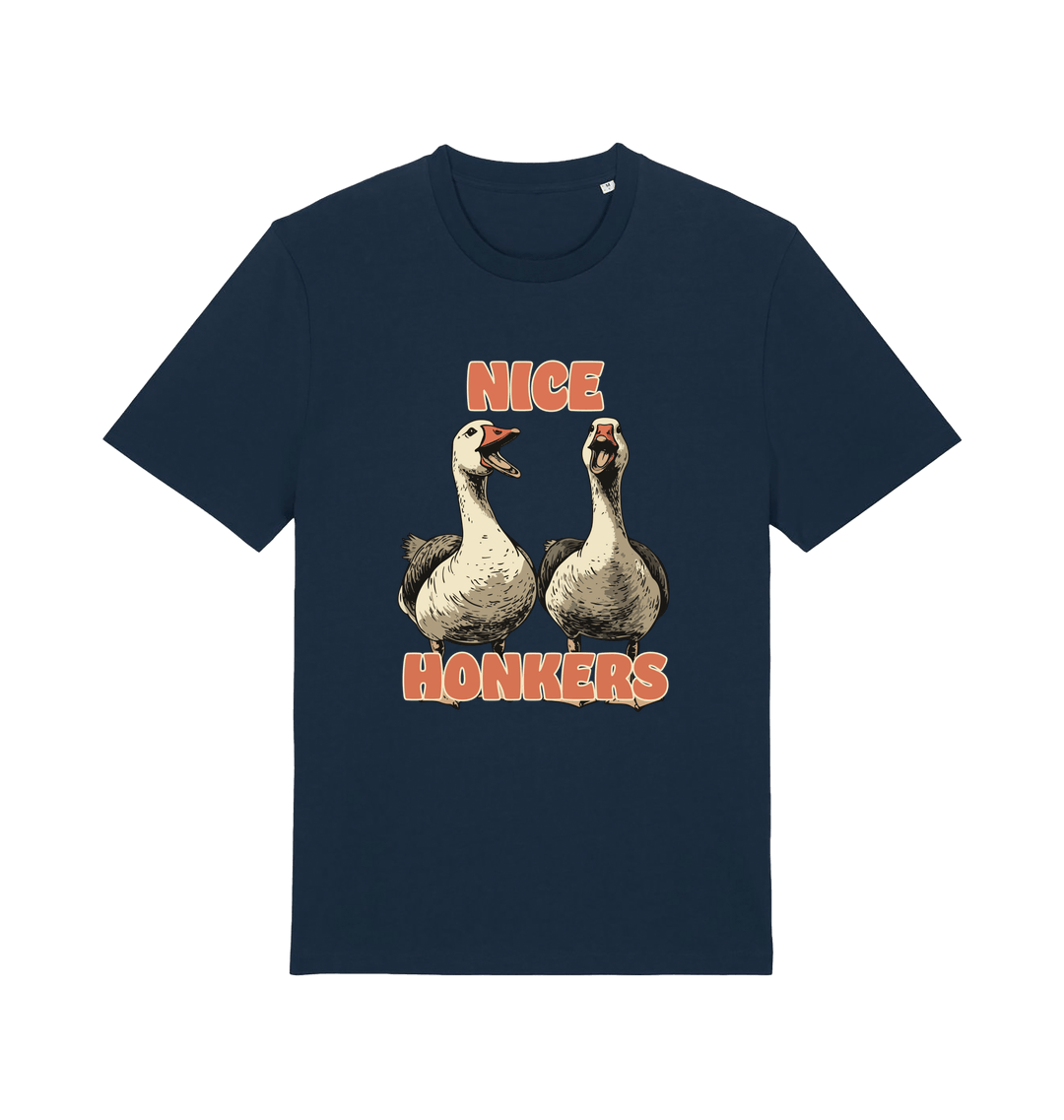 navy matching t-shirt with the graphic of two geese and the slogan 'nice honkers'