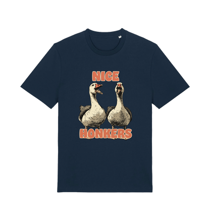 navy matching t-shirt with the graphic of two geese and the slogan 'nice honkers'