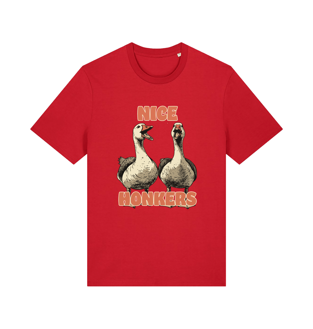red matching t-shirt with the graphic of two geese and the slogan 'nice honkers'