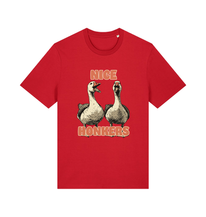 red matching t-shirt with the graphic of two geese and the slogan 'nice honkers'