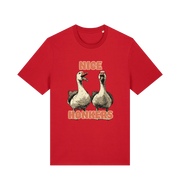 red matching t-shirt with the graphic of two geese and the slogan 'nice honkers'