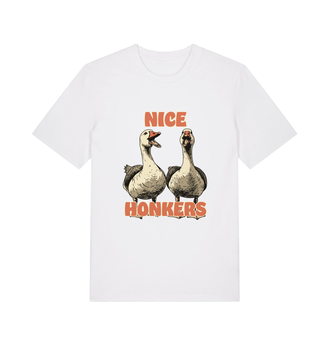 white matching t-shirt with the graphic of two geese and the slogan 'nice honkers'