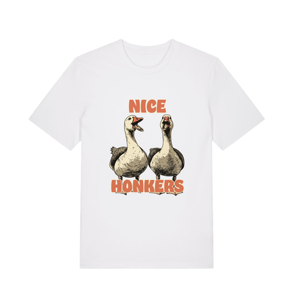 white matching t-shirt with the graphic of two geese and the slogan 'nice honkers'