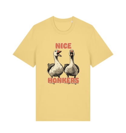 yellow matching t-shirt with the graphic of two geese and the slogan 'nice honkers'
