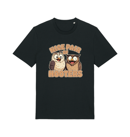 black matching t-shirt with a pair of cartoon owls and the slogan 'nice pair of hooters'