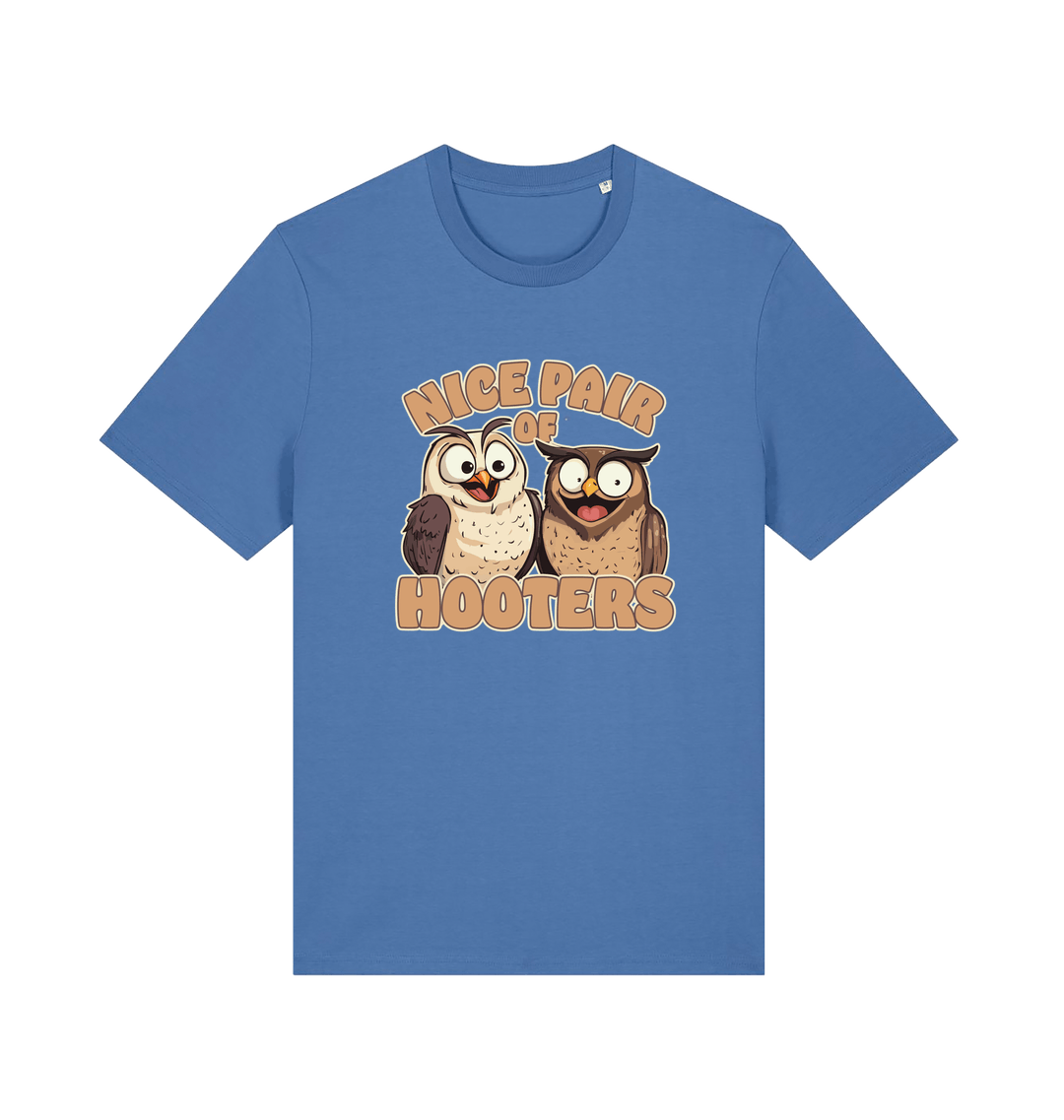 blue matching t-shirt with a pair of cartoon owls and the slogan 'nice pair of hooters'