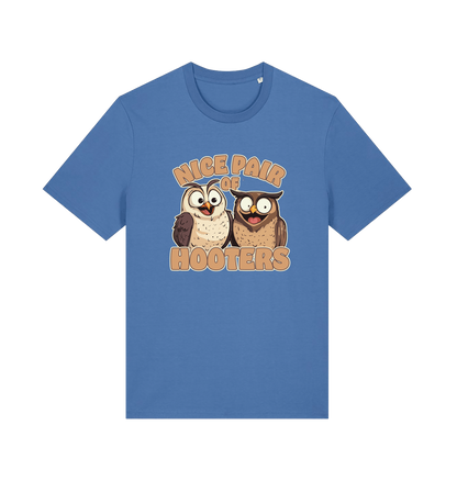 blue matching t-shirt with a pair of cartoon owls and the slogan 'nice pair of hooters'