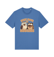 blue matching t-shirt with a pair of cartoon owls and the slogan 'nice pair of hooters'