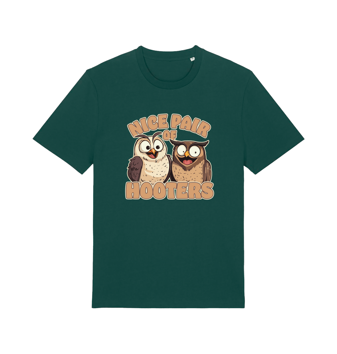 green matching t-shirt with a pair of cartoon owls and the slogan 'nice pair of hooters'