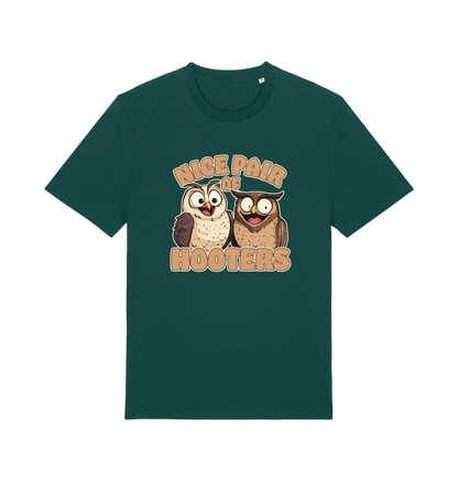 green matching t-shirt with a pair of cartoon owls and the slogan 'nice pair of hooters'