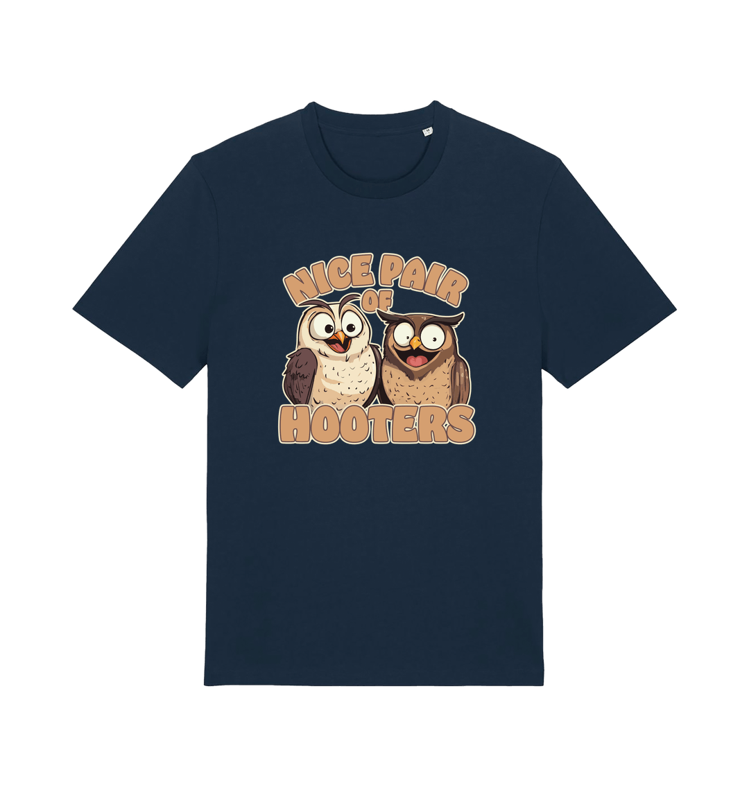 navy matching t-shirt with a pair of cartoon owls and the slogan 'nice pair of hooters'