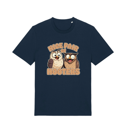 navy matching t-shirt with a pair of cartoon owls and the slogan 'nice pair of hooters'