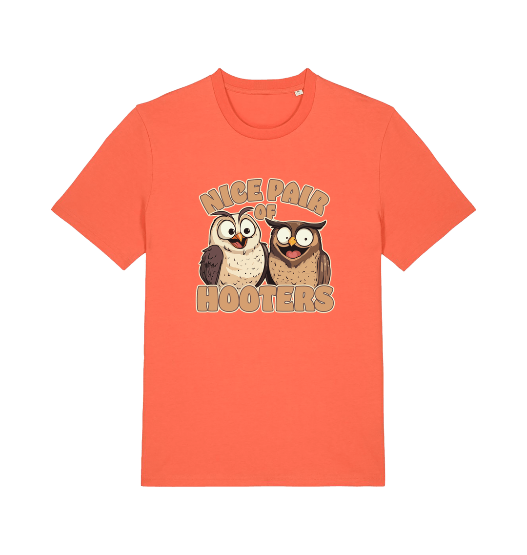 orange matching t-shirt with a pair of cartoon owls and the slogan 'nice pair of hooters'