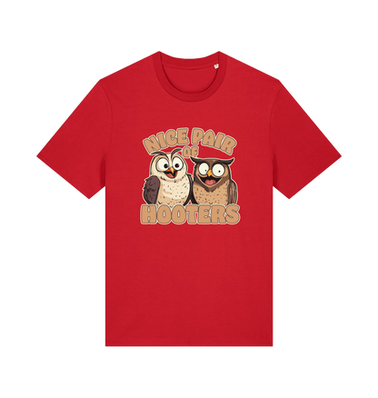 red matching t-shirt with a pair of cartoon owls and the slogan 'nice pair of hooters'