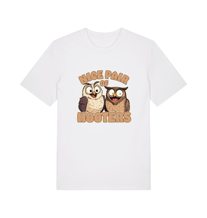 white matching t-shirt with a pair of cartoon owls and the slogan 'nice pair of hooters'