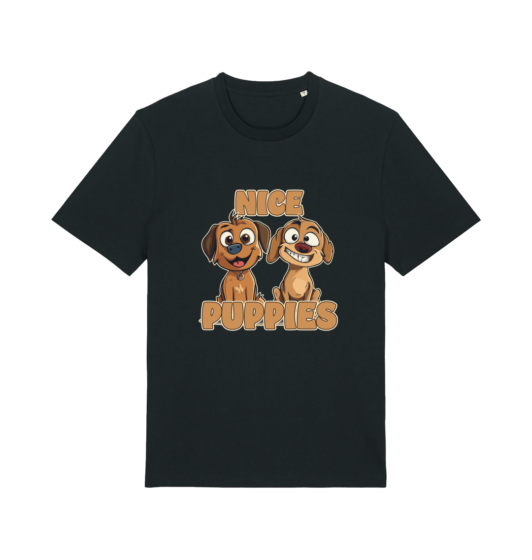 black matching t-shirt with the graphic of two puppies and the slogan 'nice puppies'