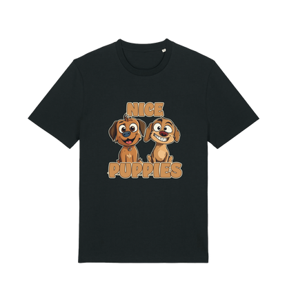 black matching t-shirt with the graphic of two puppies and the slogan 'nice puppies'